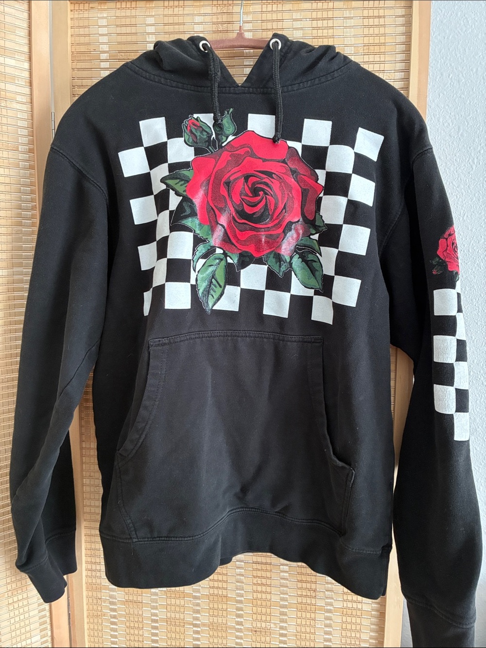 Black Hoodie with Red Rose & Checkerboard Graphic